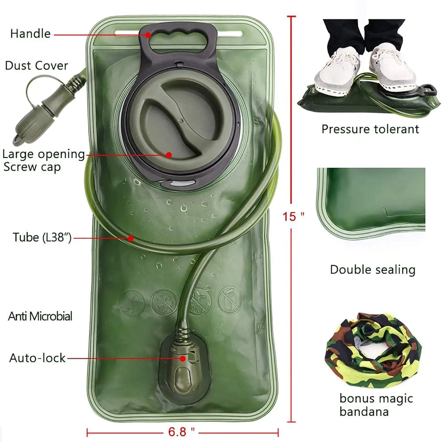 Hydration Bladder 2L Water Bladder for Hiking Backpack Leak Proof Water Reservoir Storage Bag Military Green 2 Liter - Image 6