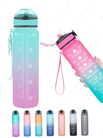 1L Sports Water Bottle With Straw Time Marker Gradient Color Motivational Bottle Leakproof Outdoor Student Drinking Water Cup