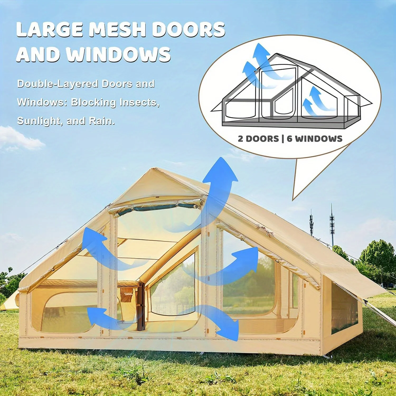 Inflatable tent camping, 4-6 person hand pump inflatable tent, with skylight and double door waterproof oxford cloth with chim - Image 4