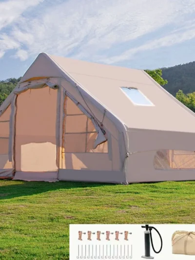 Inflatable tent camping, 4-6 person hand pump inflatable tent, with skylight and double door waterproof oxford cloth with chim