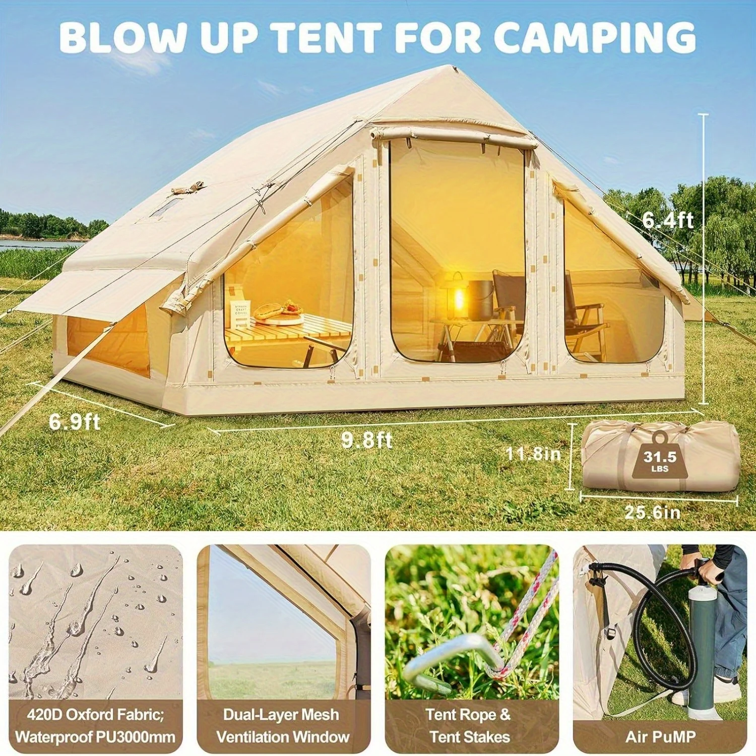 Inflatable tent camping, 4-6 person hand pump inflatable tent, with skylight and double door waterproof oxford cloth with chim - Image 2
