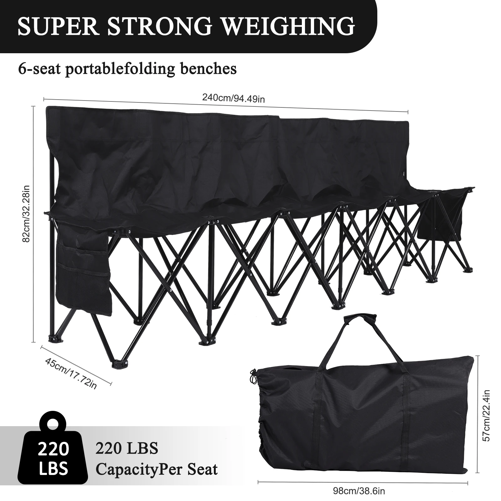 Folding Team Bench with Storage Bag & Backrest Foldable Sideline Bench 600D Oxford for Football Baseball Camping Outdoor Events - Image 6