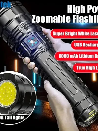 Super Bright LED Handheld Outdoor Flashlight, Adjustable Zoom, USB Rechargeable and dischargeable with Type-C Interface 1800mah