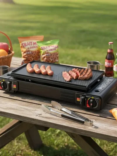 2-Burner Camping Stove Portable Gas Stove Kit Picnic Baking Tray Camping Grill Outdoor Cooking Stove with Carrying Burner LPG