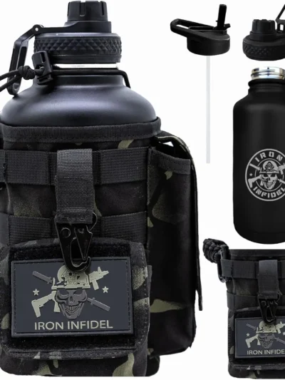 Battle Bottle 64 oz Insulated Stainless Steel Water Bottle with Paracord Handle & Removable Sleeve - Black Camo