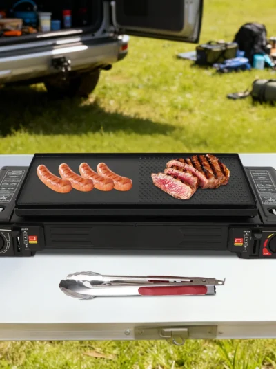 2 Burners Portable Camping Stove, 2.5KW Auto Ignition Butane/LPG Gas Stove w/Baking Tray+Carrying Case for RV Outdoor Picnic BBQ